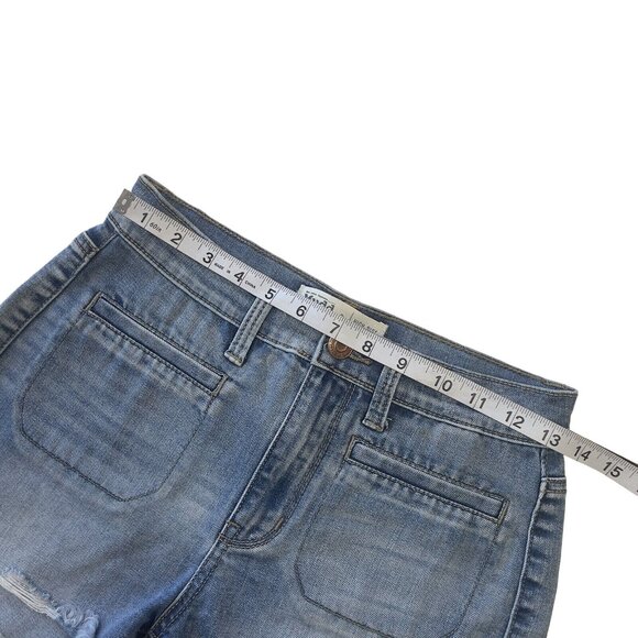 Mudd FLX Distressed Denim Jean Shortie Junior SZ 3 Blue Frayed Hem High Rise - Picture 6 of 10